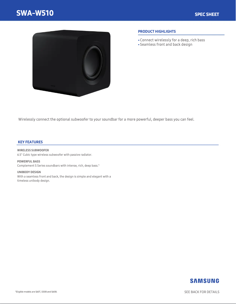 Page 1 de la notice Fiche technique Samsung SWA-W510