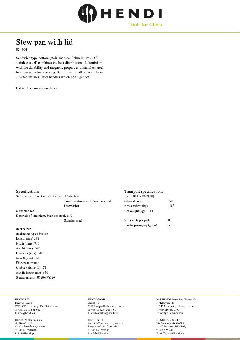 Page 1 de la notice Fiche technique Hendi 834404