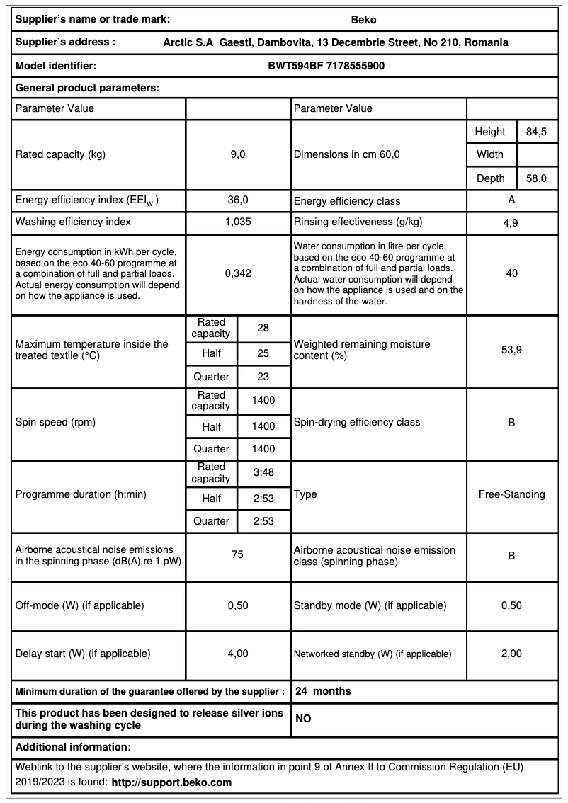 Page 1 de la notice Fiche technique Beko BWT594BF