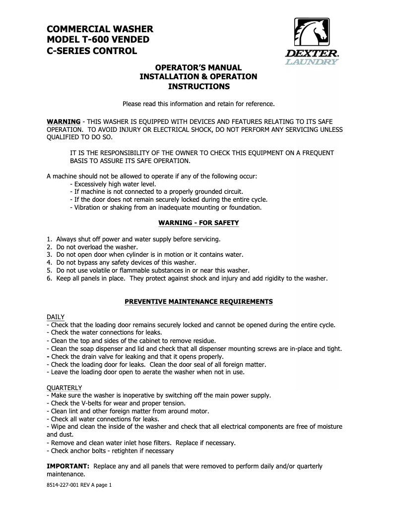 Page 1 de la notice Manuel utilisateur Dexter T-600