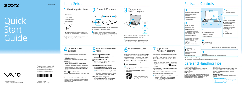 Page 1 de la notice Guide d'installation Sony Vaio Fit 15 SVF15N290X