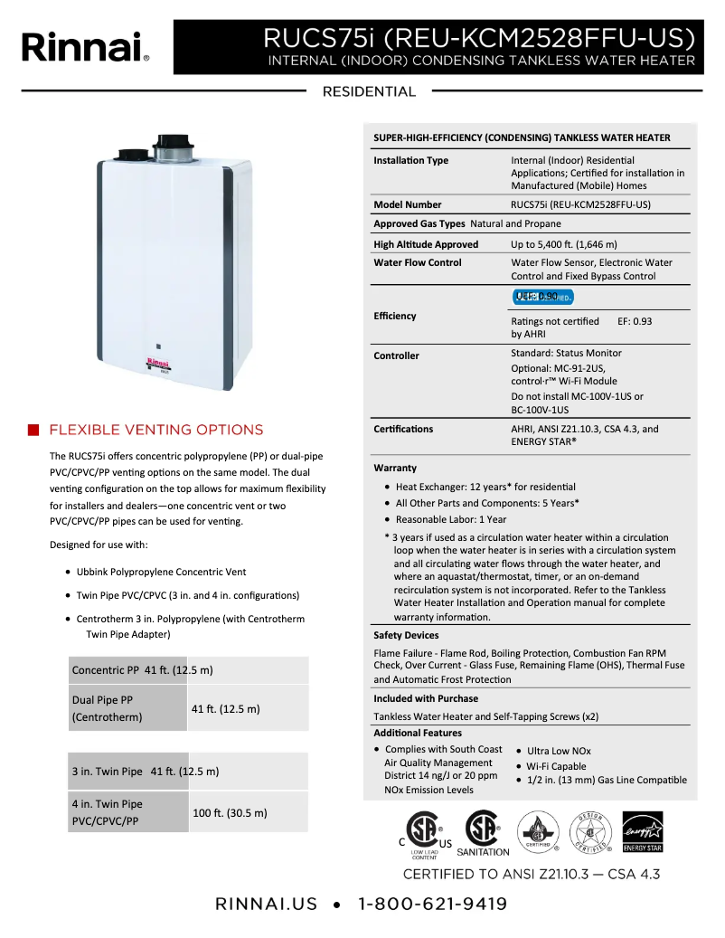 Page 1 de la notice Fiche technique Rinnai RUCS75iN