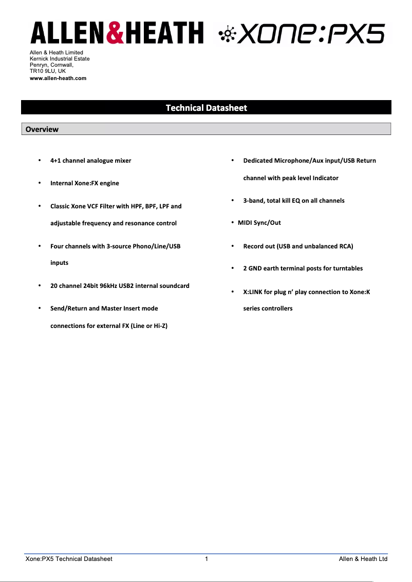 Page 1 de la notice Fiche technique Allen & Heath Xone:PX5