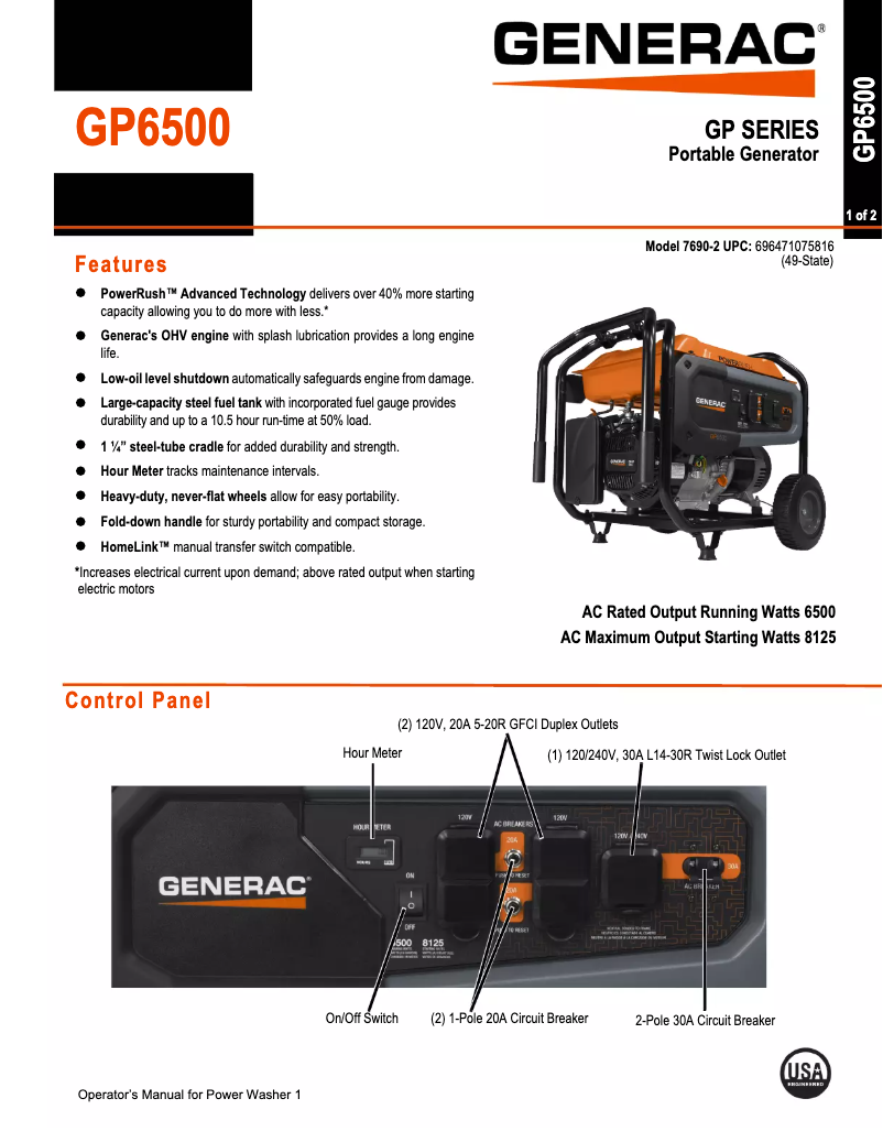 Page n°1 - Fiche technique Generac GP6500