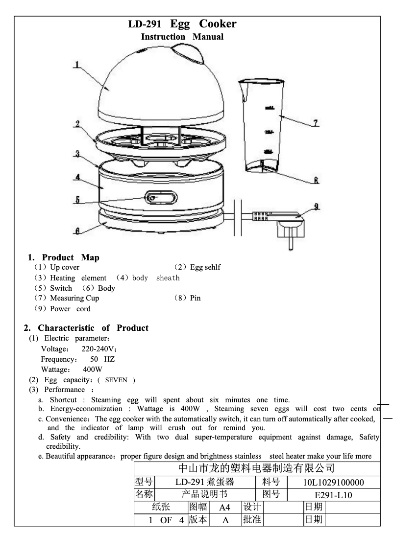 Page 1 de la notice Manuel utilisateur Aicok LD-291