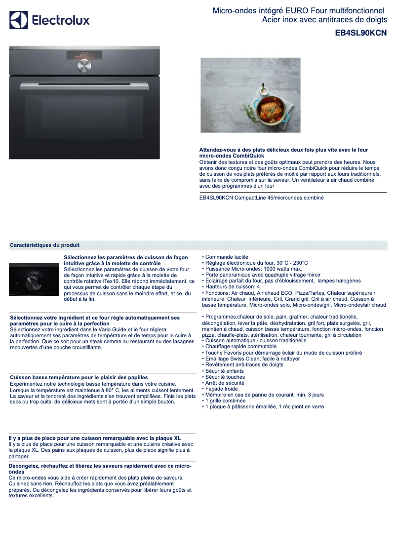 Page 1 de la notice Fiche technique Electrolux EB4SL90KCN