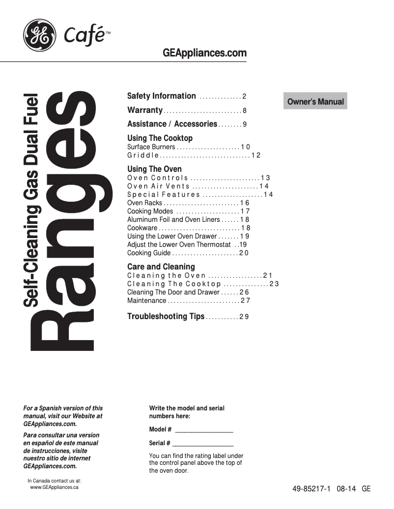 Page 1 of the manual Instruction Manual GE Cafe C2S985SETSS