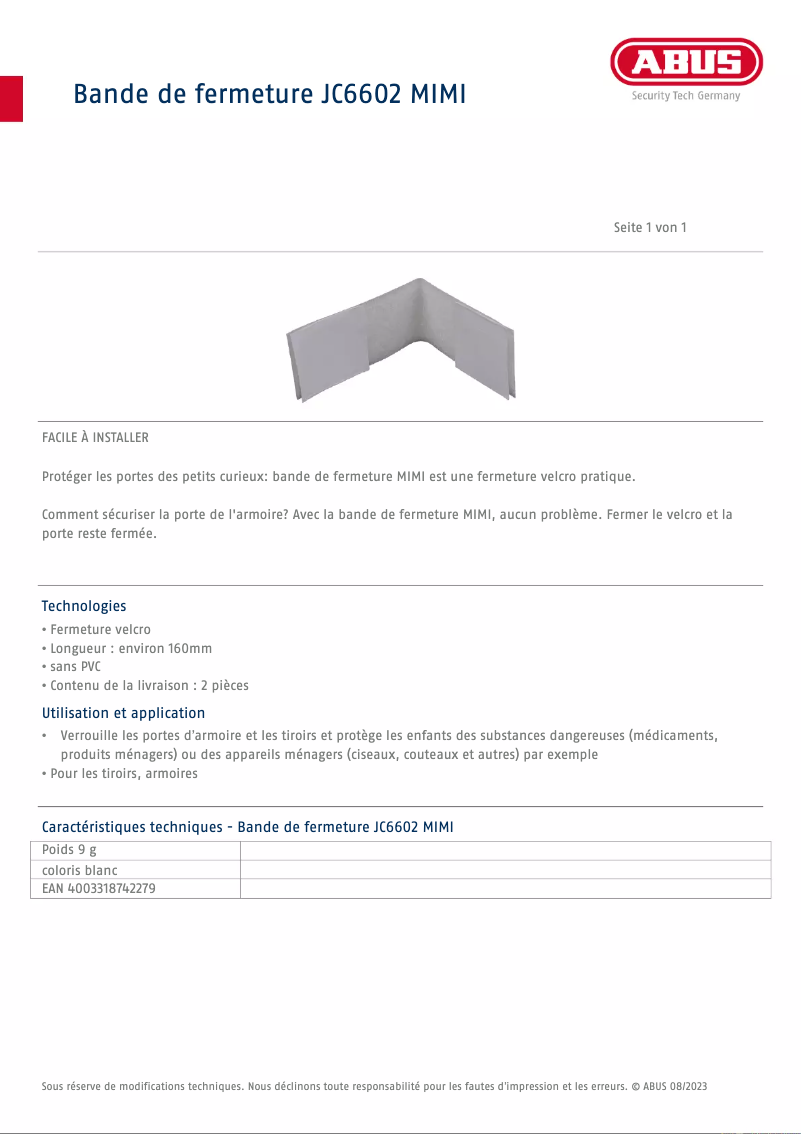 Page 1 de la notice Fiche technique Abus JC6602