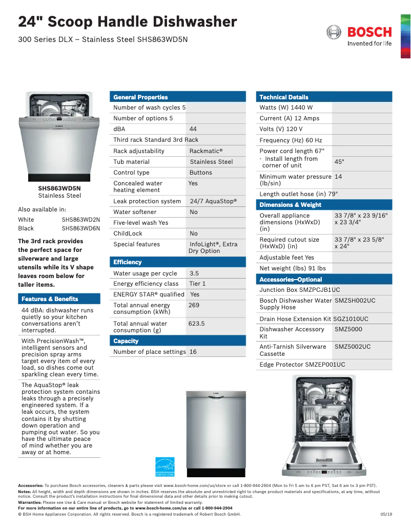 Page n°1 - Fiche technique Bosch SHSM63W55N