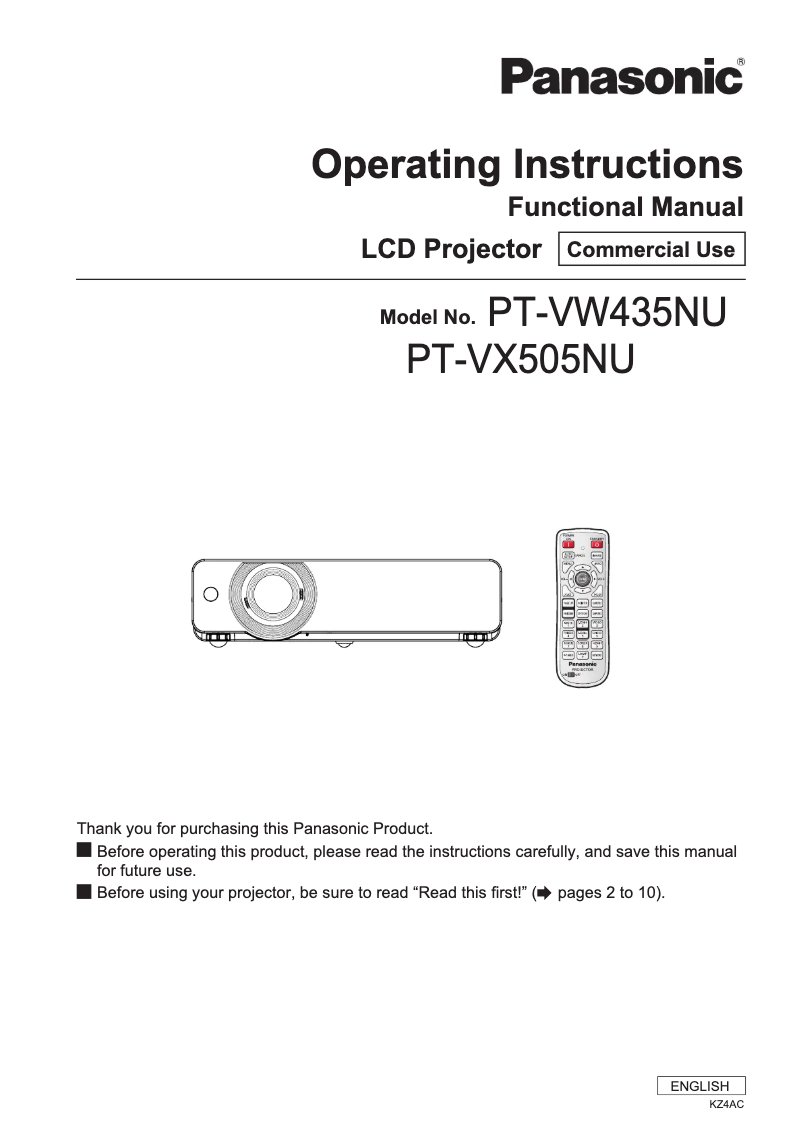 Image de la première page du manuel de l'appareil PT-VX505NU
