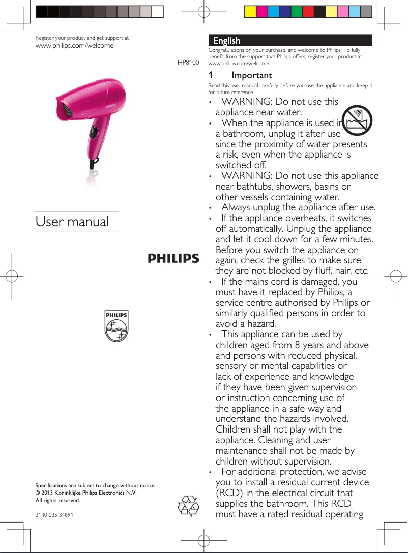 Page 1 de la notice Manuel utilisateur Philips SalonDry Compact HP8643