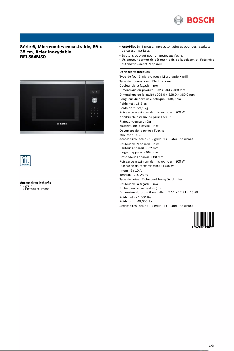 Page 1 de la notice Fiche technique Bosch BEL554MS0