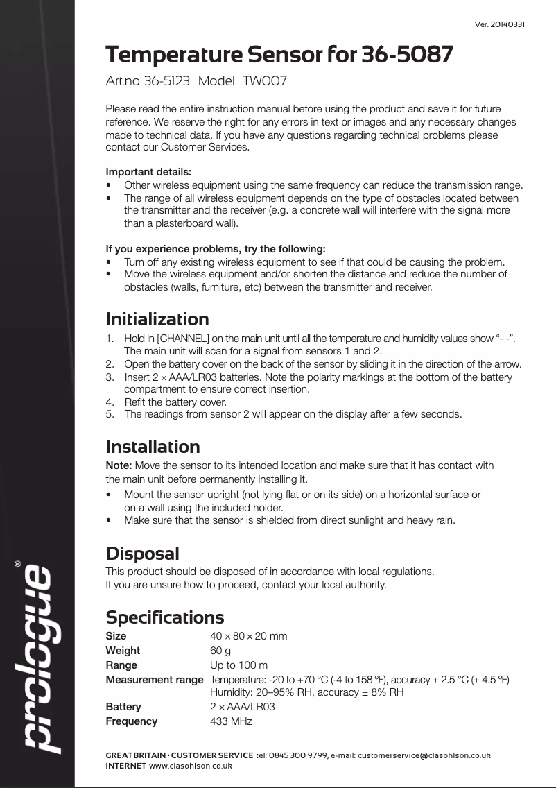 Page n°1 - Manuel utilisateur Prologue TW007