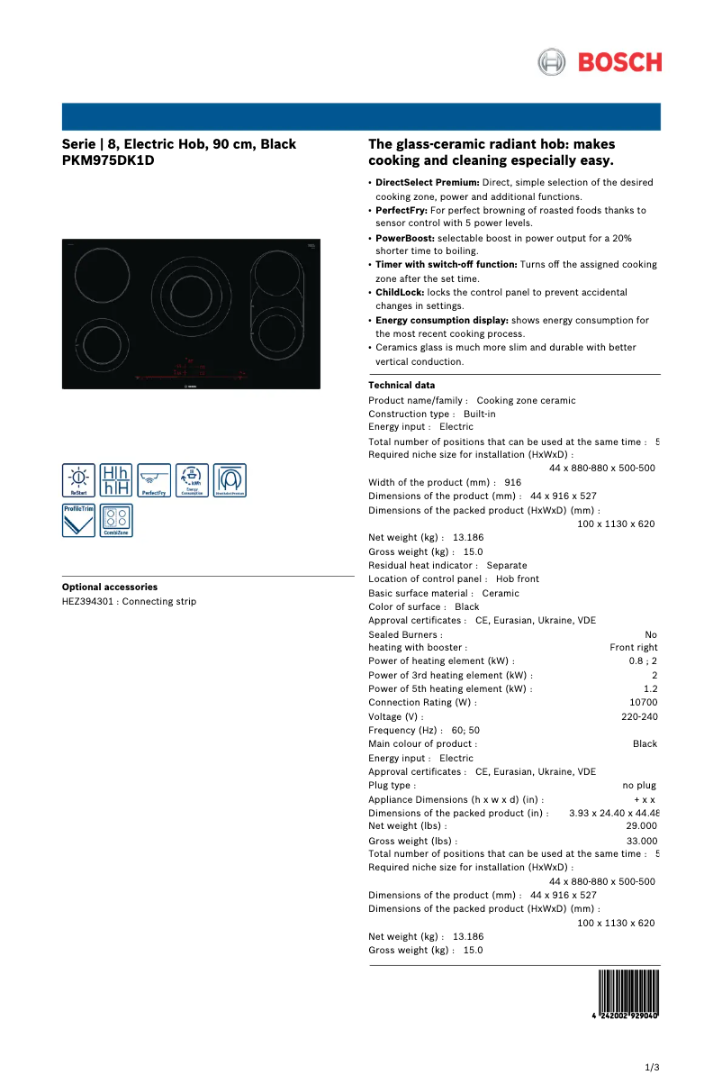 Page 1 of the manual Technical Sheet Bosch PKM975DK1D