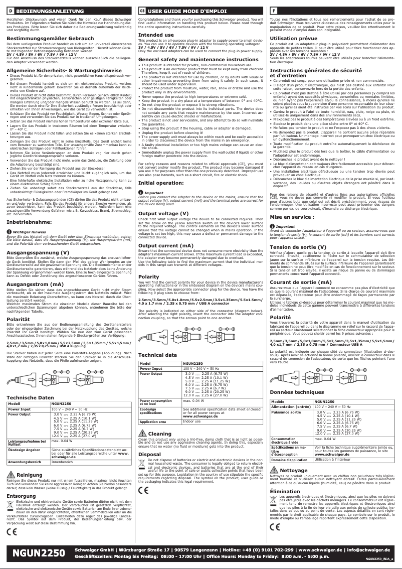 Page n°1 - Manuel utilisateur Schwaiger NGUN2250