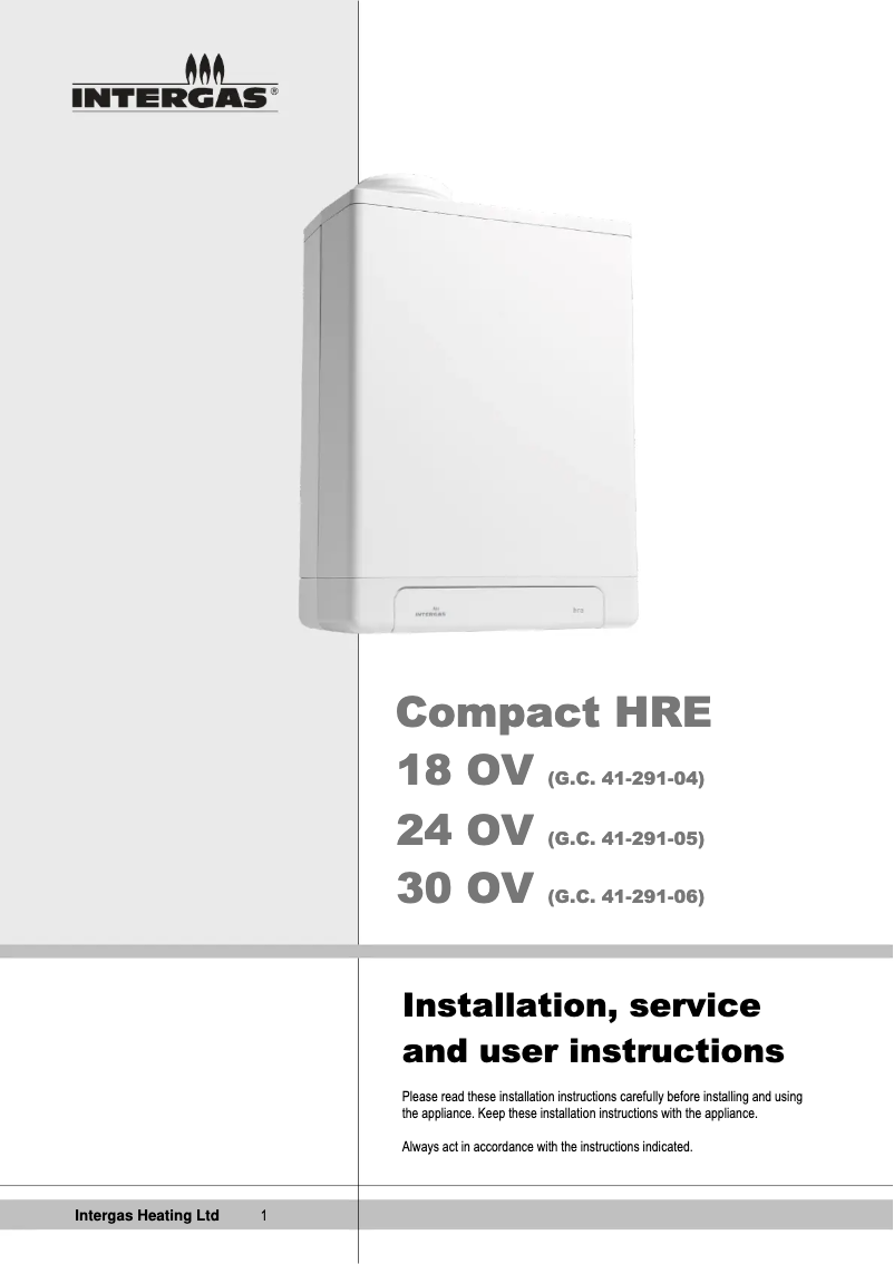 Page 1 de la notice Guide d'installation Intergas Compact HRE 18 OV