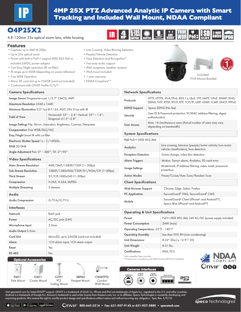 Page 1 de la notice Fiche technique Speco Technologies O4P25X2