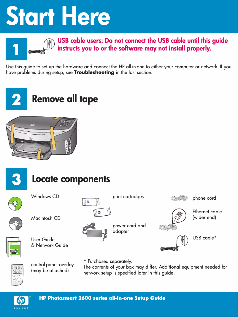 Page 1 de la notice Guide d'installation HP PhotoSmart 2600