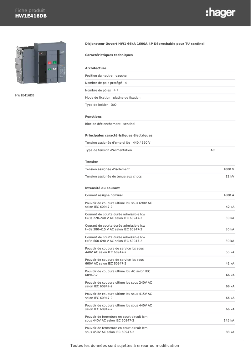 Página 1 del manual Ficha técnica Hager HW1E416DB