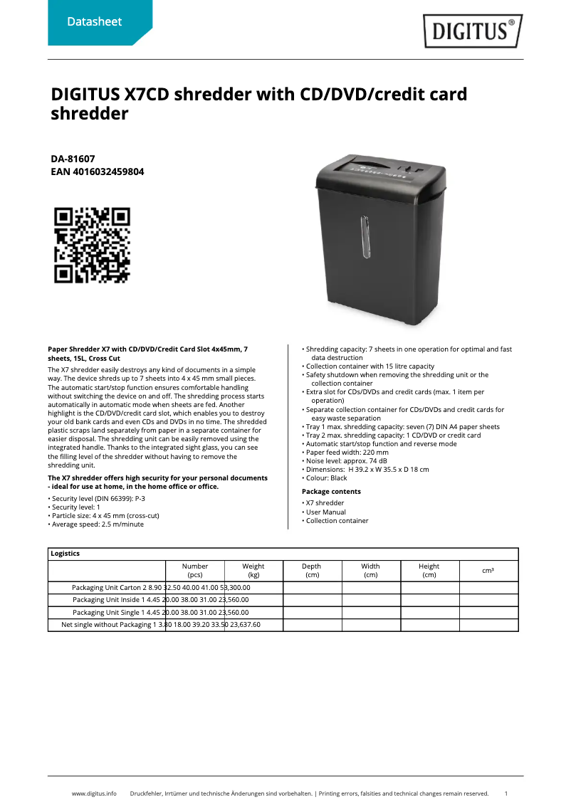 Page 1 de la notice Fiche technique Digitus DA-81607