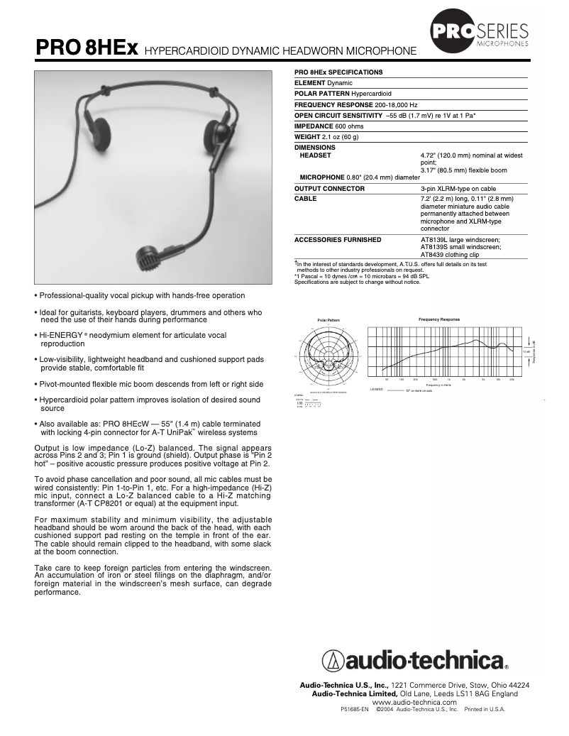 Page 1 de la notice Manuel utilisateur Audio-Technica PRO 8HEx