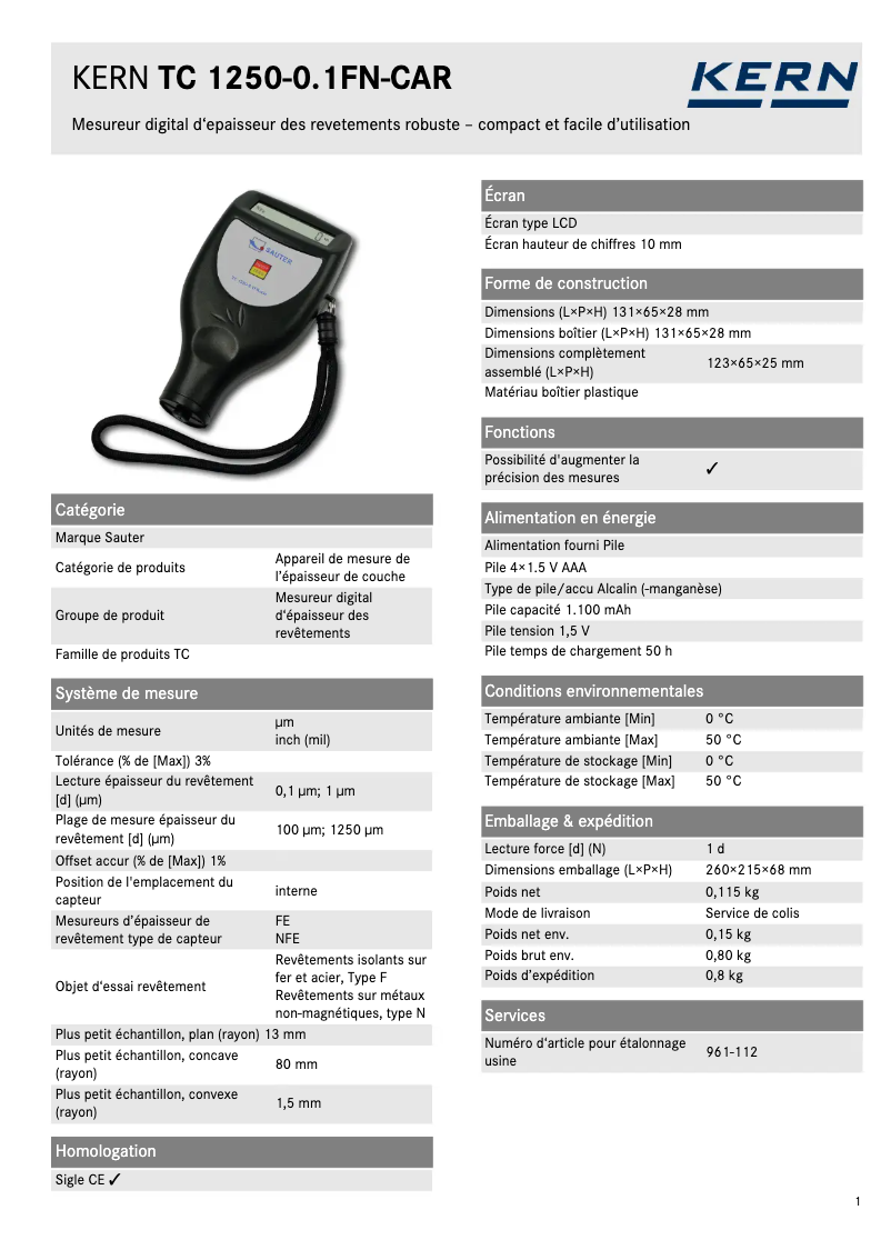 Page 1 of the manual Technical Sheet Sauter TC 1250-0.1FN-CAR