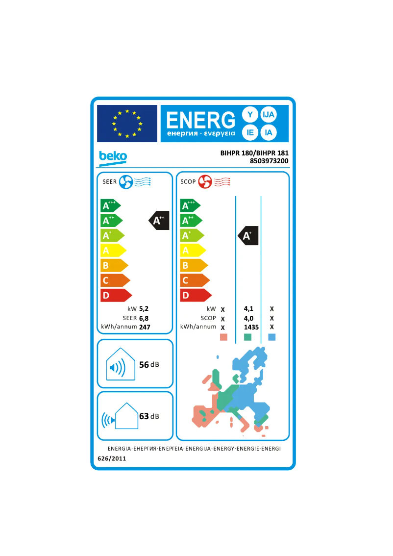 Page 1 de la notice Label énergétique Beko BIHPR 180