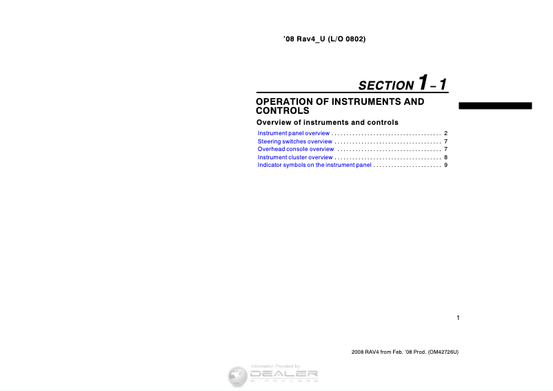 Page 1 de la notice Manuel utilisateur Toyota RAV4 (2008)