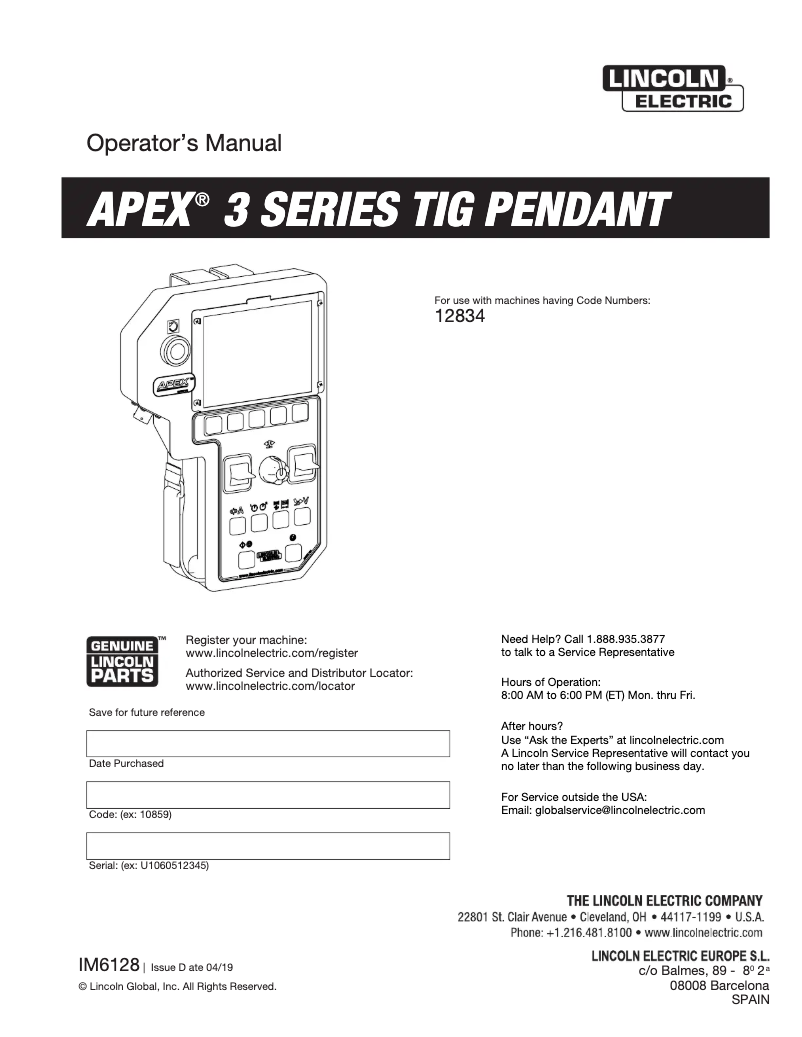 Page n°1 - Manuel utilisateur Lincoln Electric APEX 3 Series TIG Pendant