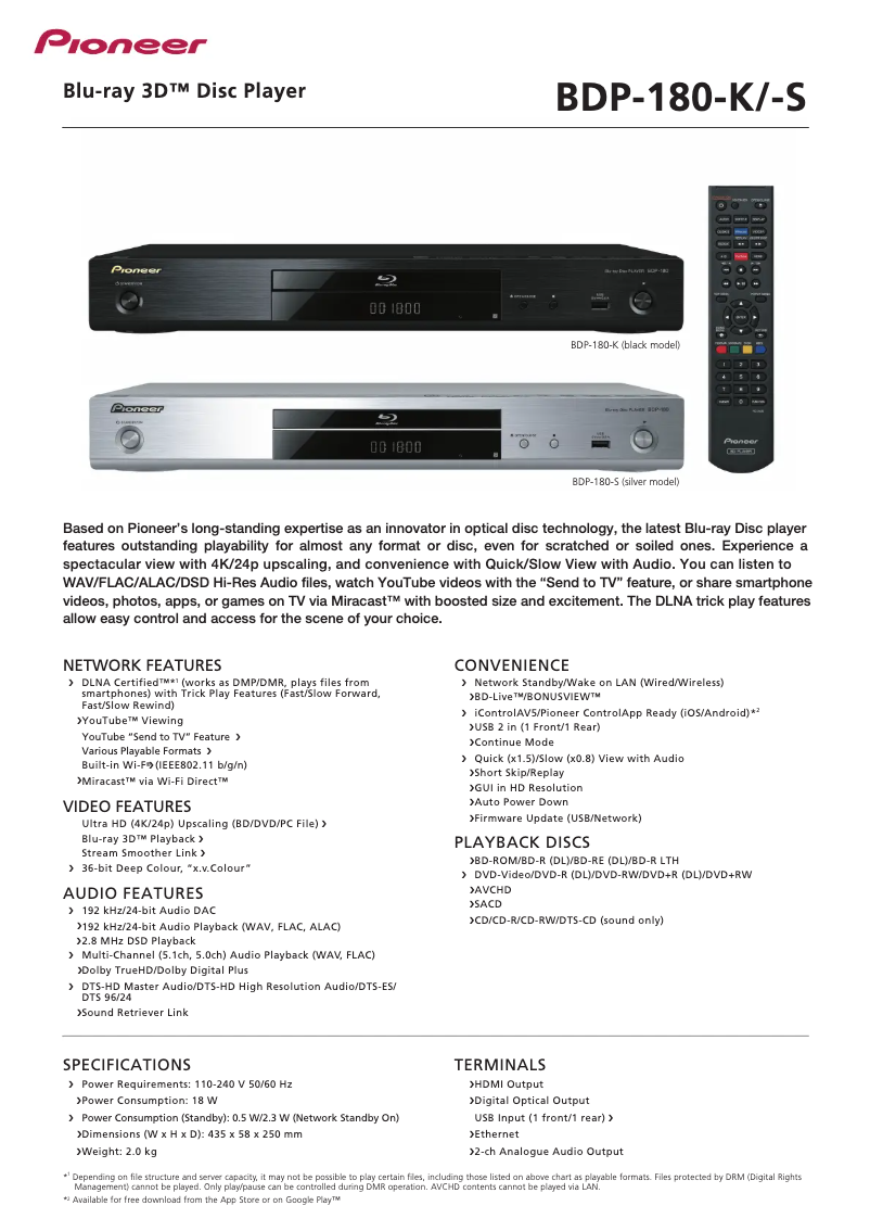 Page n°1 - Fiche technique Pioneer BDP-180