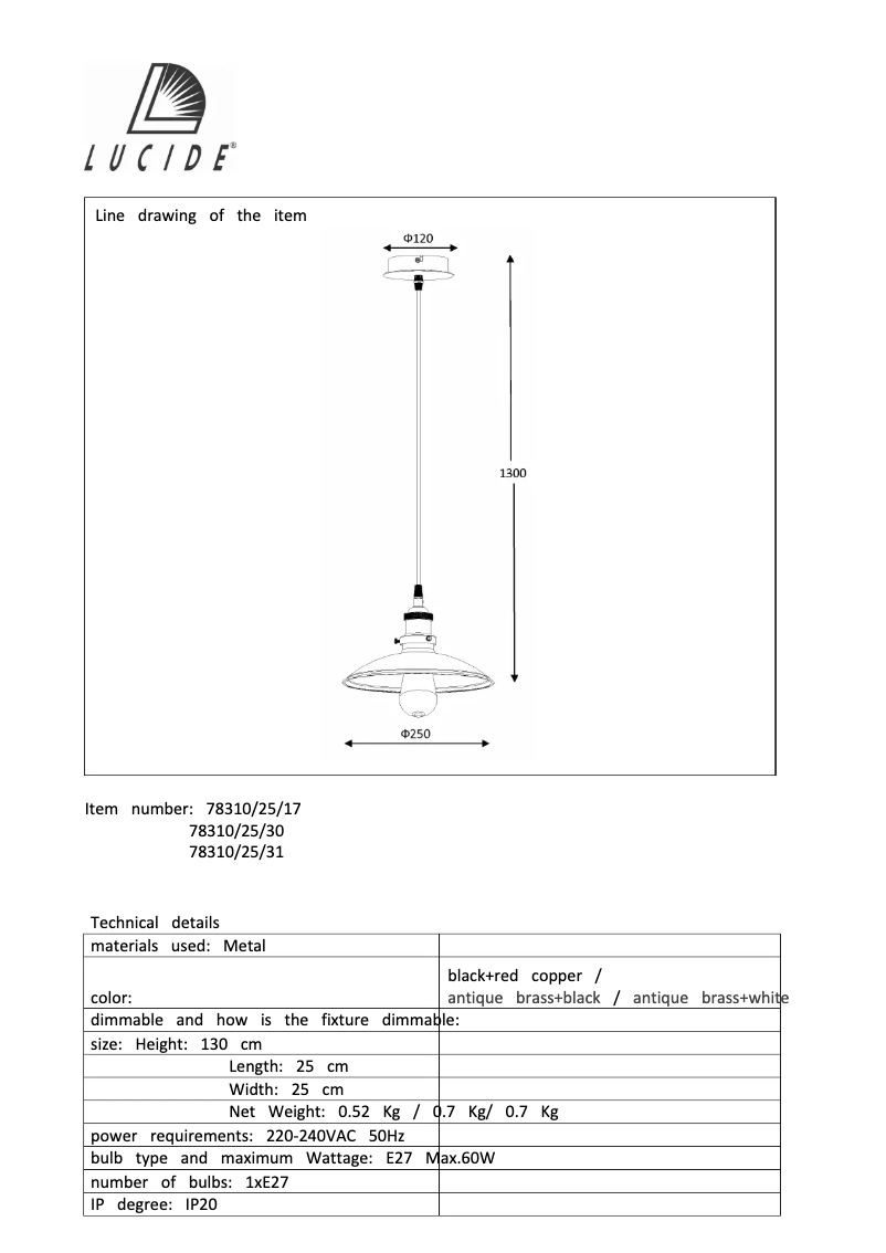 Page 1 de la notice Manuel utilisateur Lucide Bistro 78310/25/31