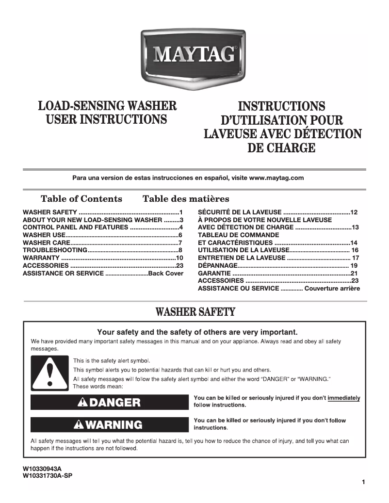 Page 1 de la notice Manuel utilisateur Maytag MVWC7ESWW