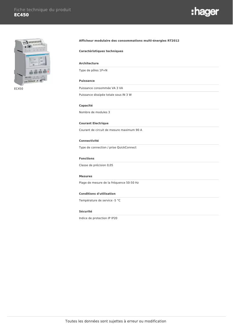 Page n°1 - Fiche technique Hager EC450