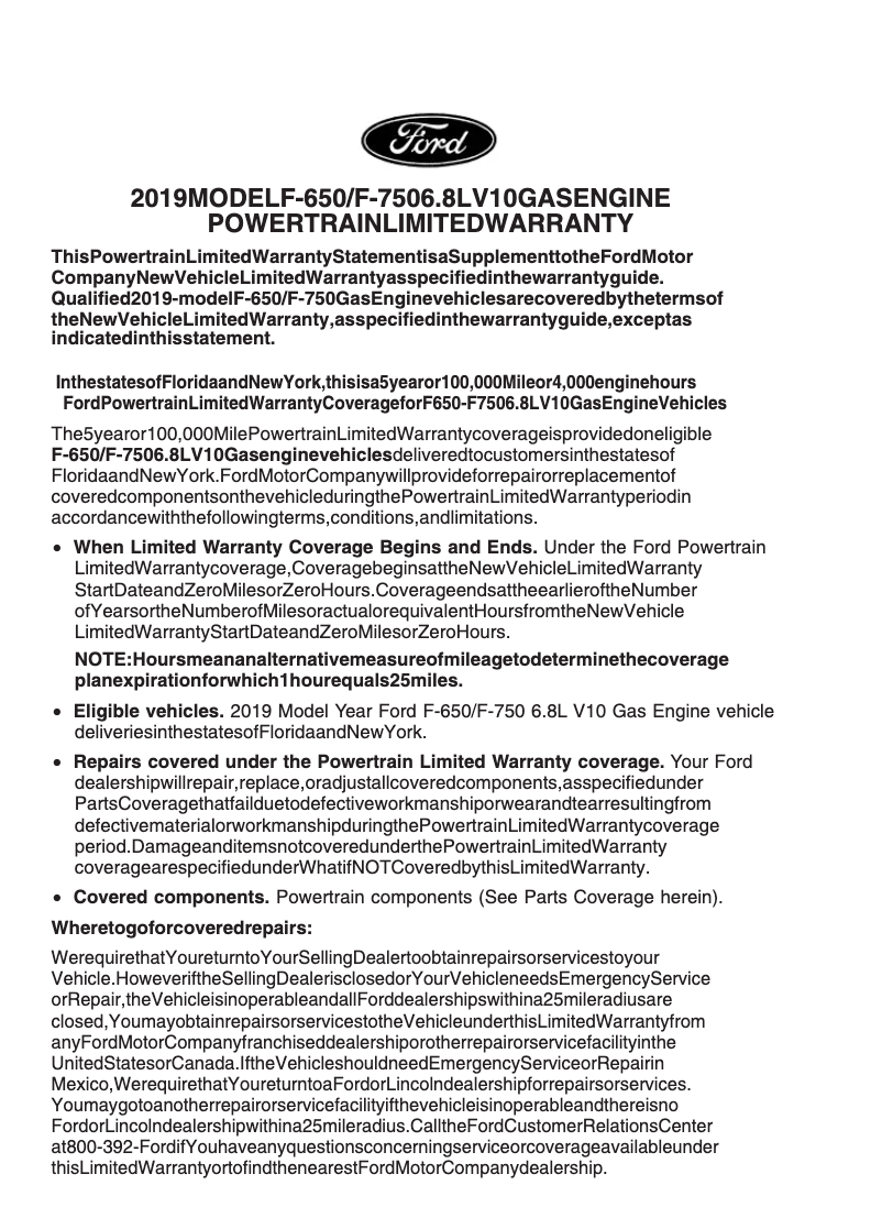 Page 1 de la notice Informations de garantie Ford F-650 (2019)