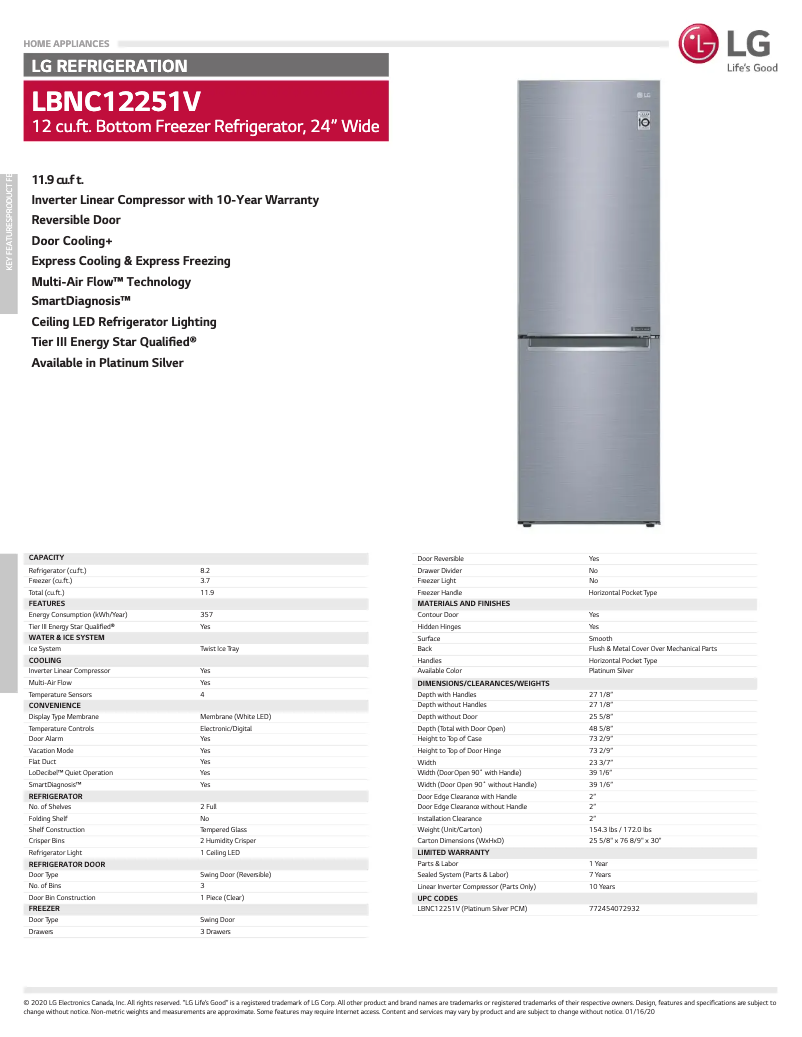 Page 1 de la notice Fiche technique LG LBNC12251V