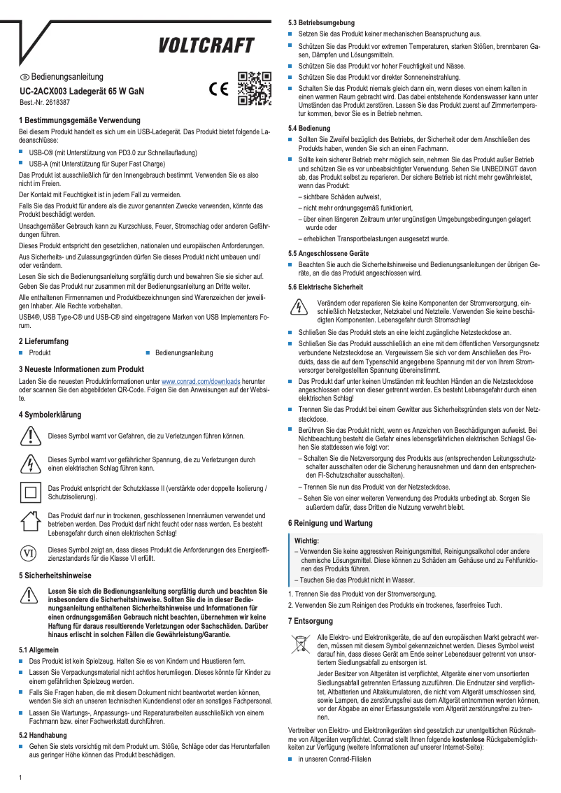 Page 1 de la notice Manuel utilisateur Voltcraft UC-2ACX003