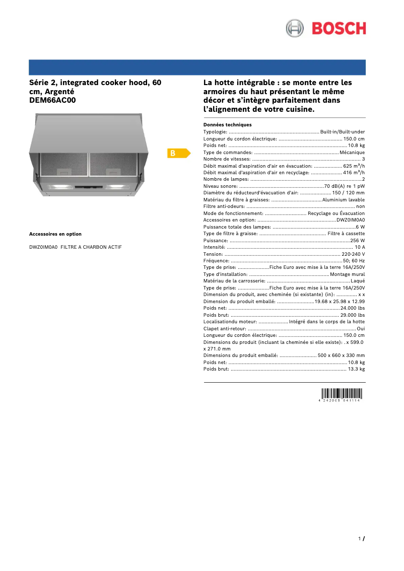 Page 1 de la notice Fiche technique Bosch DEM66AC00