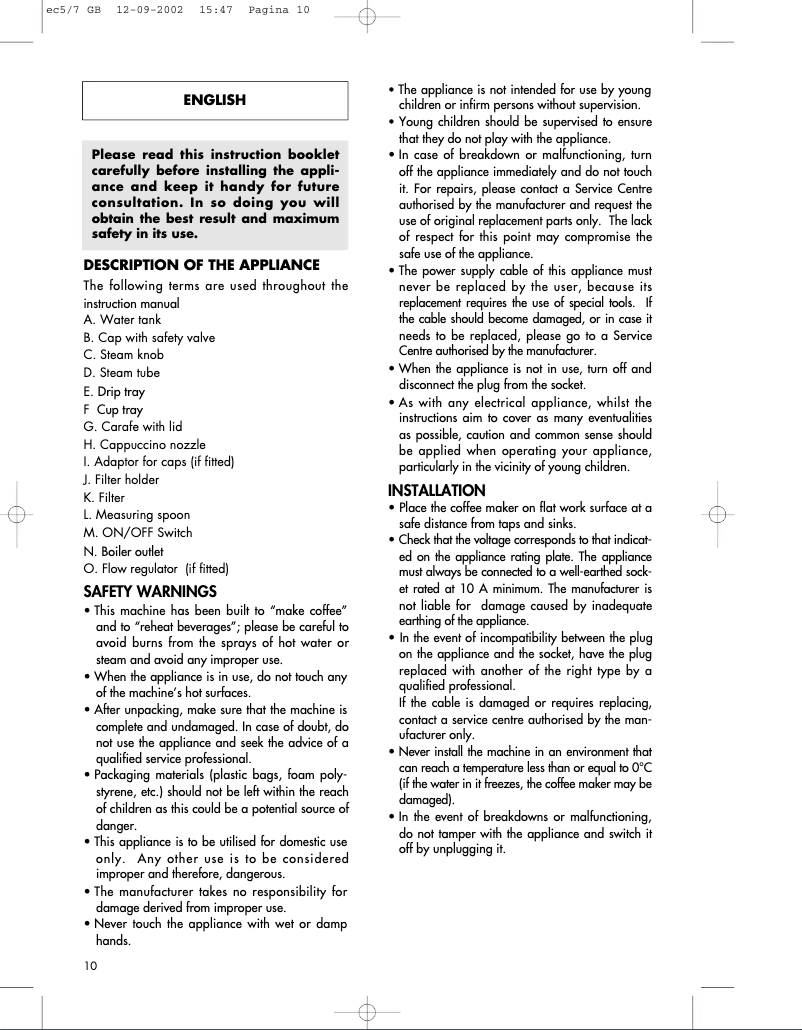 Page n°1 - Manuel utilisateur DeLonghi EC 6