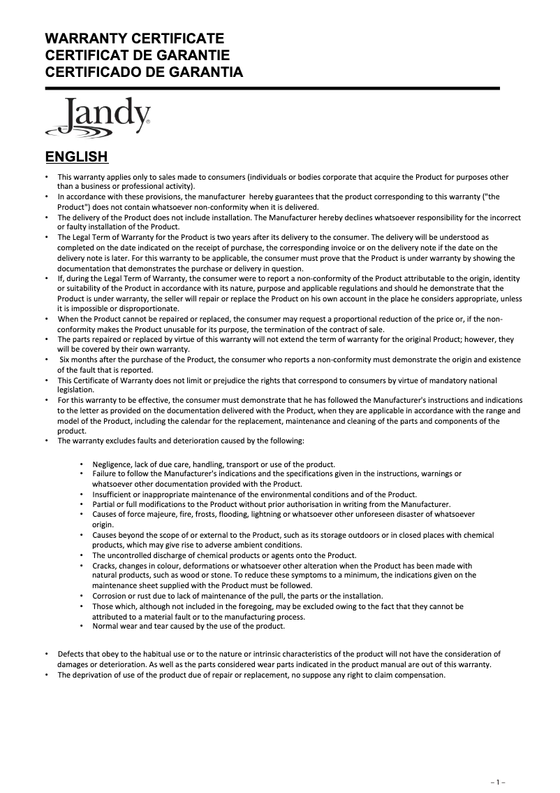 Page 1 de la notice Informations de garantie JANDY JLAFA3S-109-316