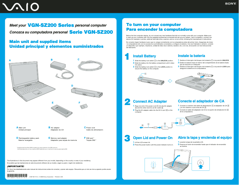 Page n°1 - Guide d'installation Sony Vaio VGN-SZ280P