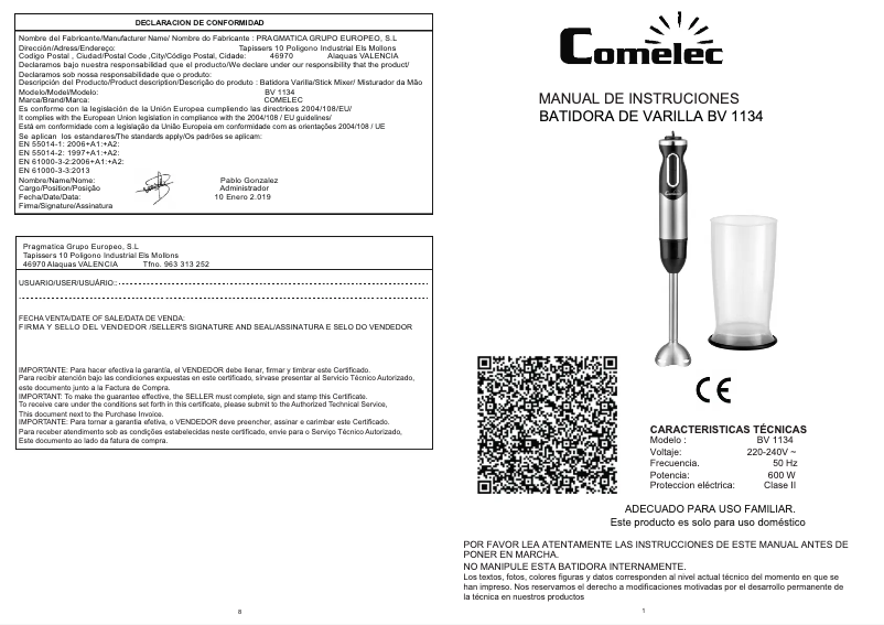 Page n°1 - Manuel utilisateur Comelec BV 1134