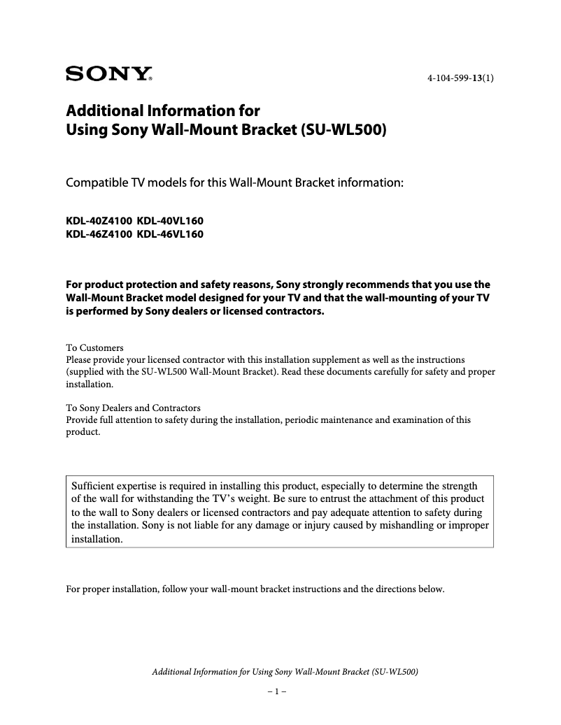 Page 1 de la notice Manuel utilisateur Sony Bravia KDL-46VL160