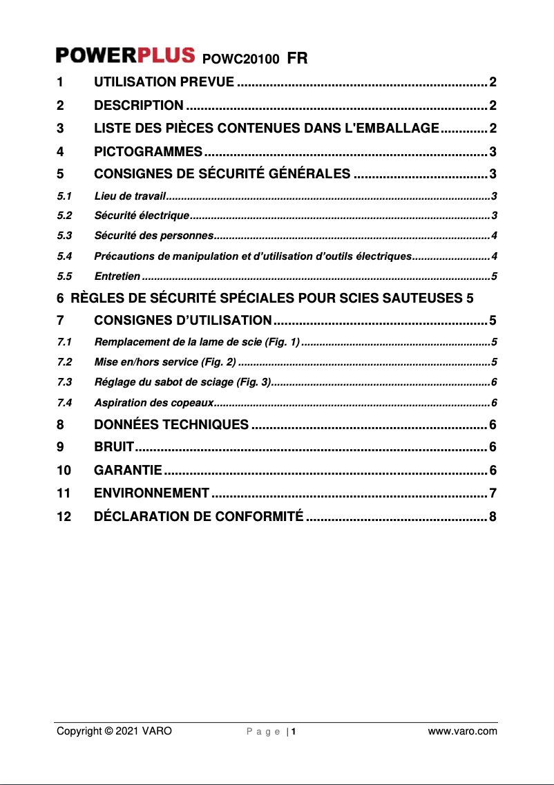 Page n°1 - Manuel utilisateur PowerPlus POWC20100