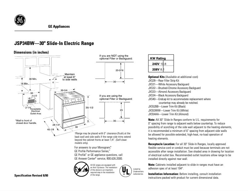 Page n°1 - Fiche technique GE JSP34BWBB