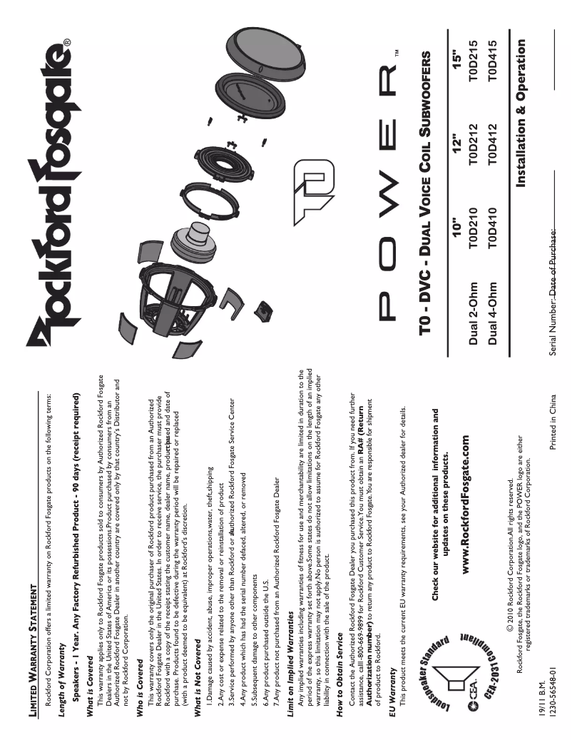 Page 1 de la notice Manuel utilisateur Rockford Fosgate Power T0D210