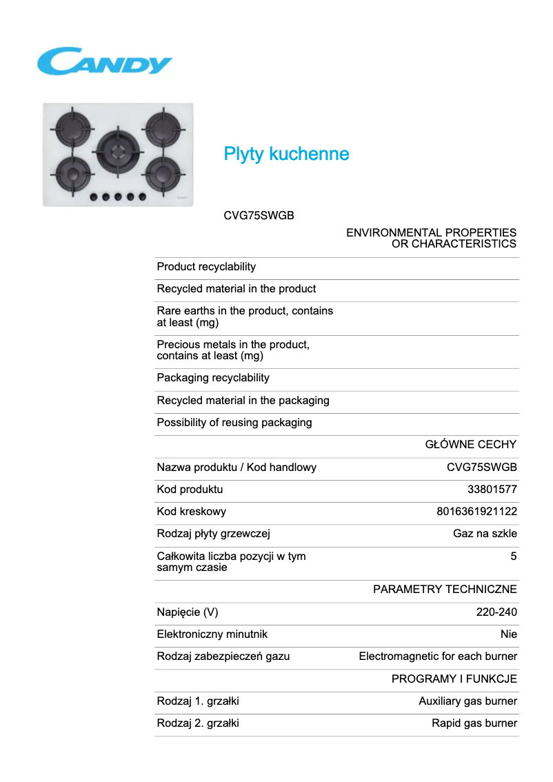 Page 1 de la notice Fiche technique Candy CVG75SWGB