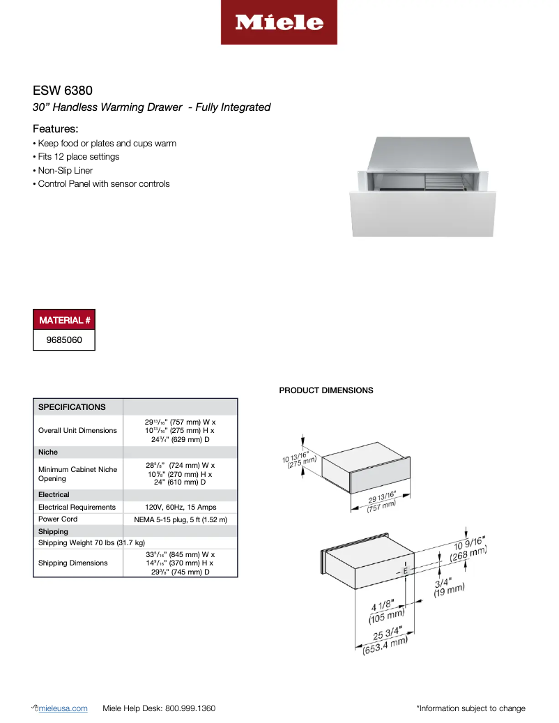 Page 1 de la notice Fiche technique Miele ESW 6380