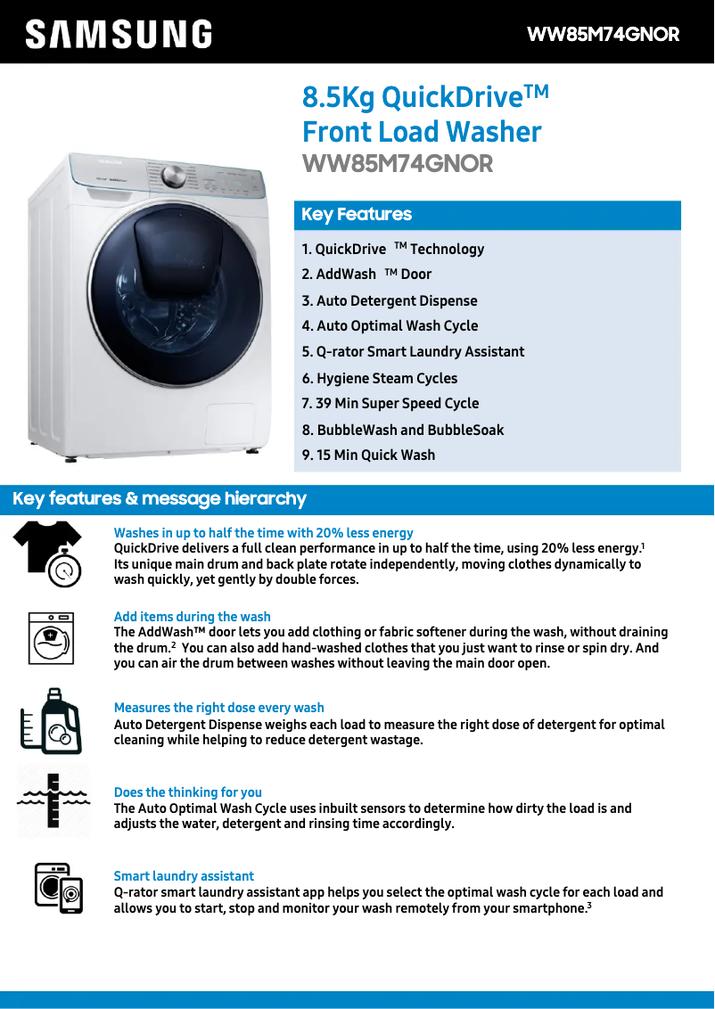 Page 1 de la notice Fiche technique Samsung WW85M74GNOR