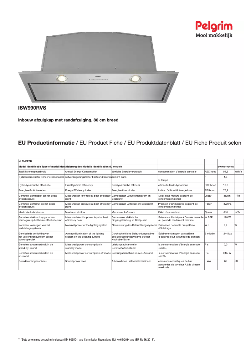 Page 1 de la notice Fiche technique Pelgrim ISW990RVS