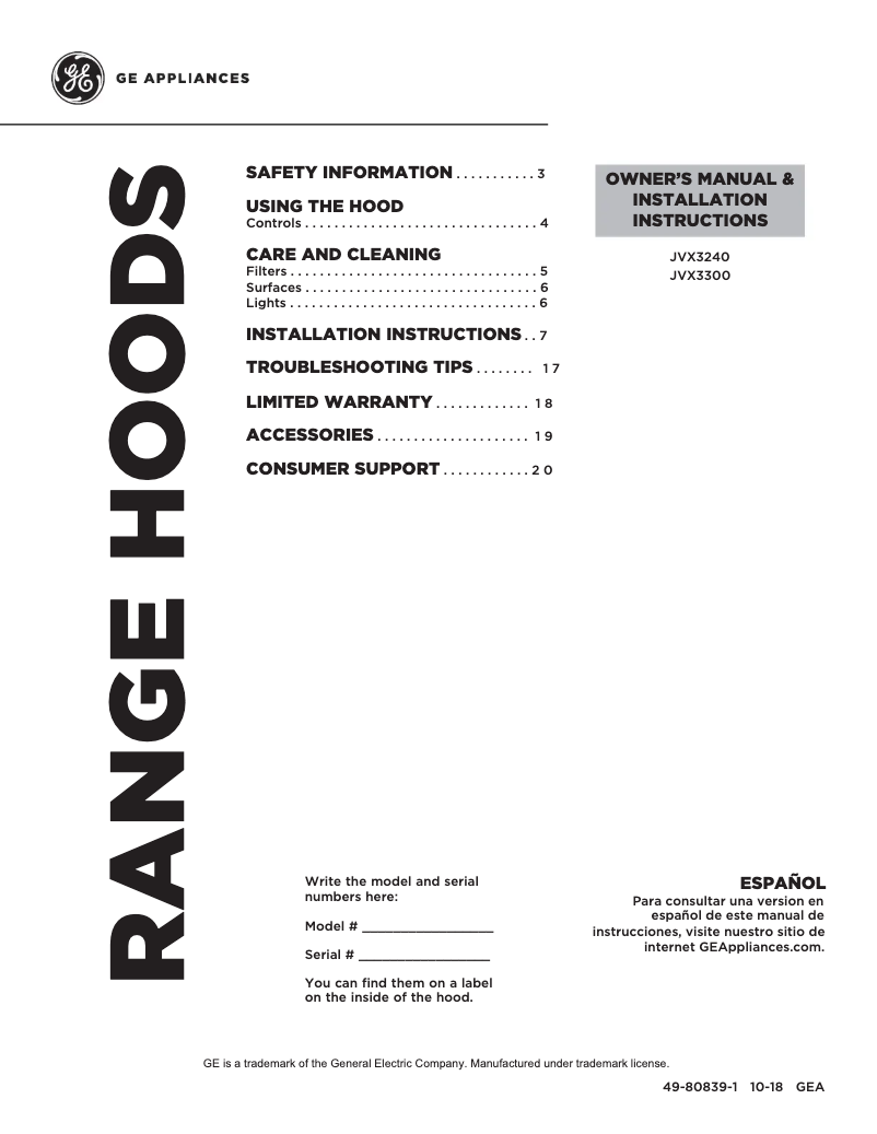 Page 1 de la notice Manuel d'utilisation et d'entretien GE JVX3300EJES